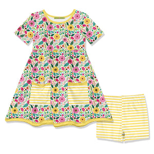 Kids Yellow Flowering Pocket A-Line Dress & Stripe Shorts