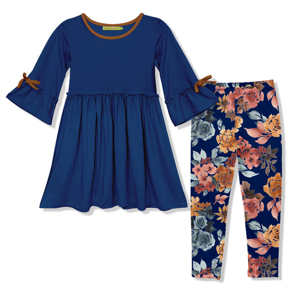 Navy Bow Bell-Sleeve A-Line Dress & Autumn Florals Leggings