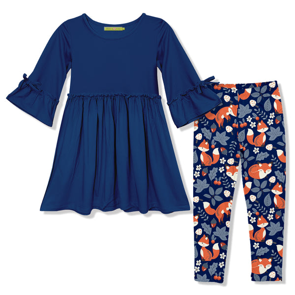 Navy Bow-Sleeve A-Line Dress & Fox Trot Leggings