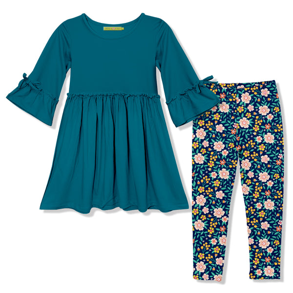 Teal Bow-Sleeve A-Line Dress & Floral Cluster Leggings