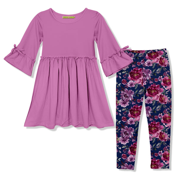 Violet Bow Bell-Sleeve A-Line Dress & Floral Leggings