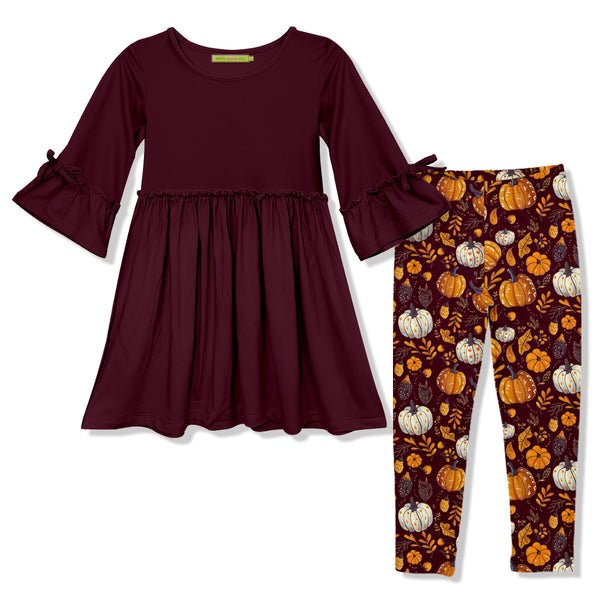 Burgundy Bow Bell-Sleeve A-Line Dress & Pumpkins Leggings