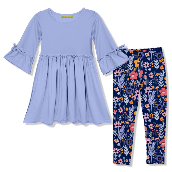 Periwinkle Bow Bell-Sleeve A-Line Dress & Floral Leggings