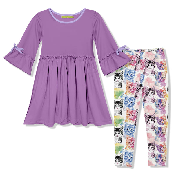 Purple Bow Bell-Sleeve A-Line Dress & Watercolor Cats Leggings