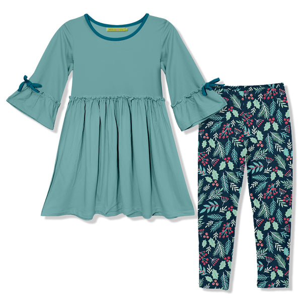 Nile Blue Bow Bell-Sleeve A-Line Dress & Winter Leaves Leggings