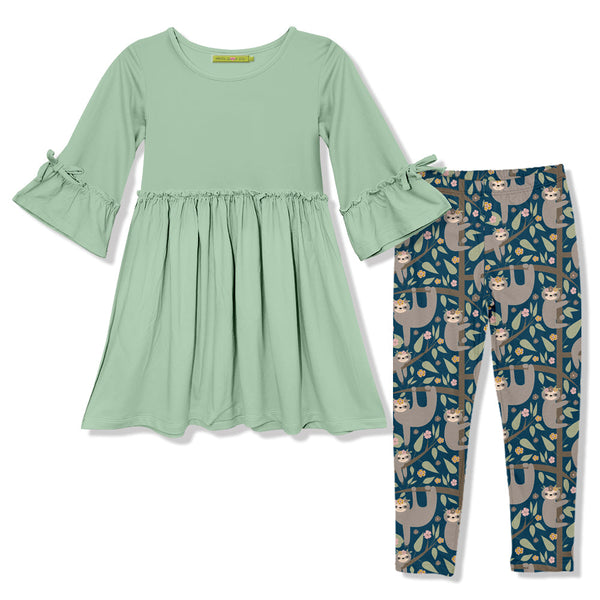 Kids Sage Bow Bell-Sleeve A-Line Dress & Happy Sloths Leggings