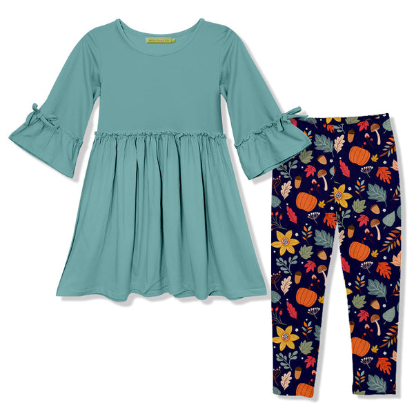 Kids Nile Blue Bow Bell-Sleeve A-Line Dress & Forest & Flowers Leggings