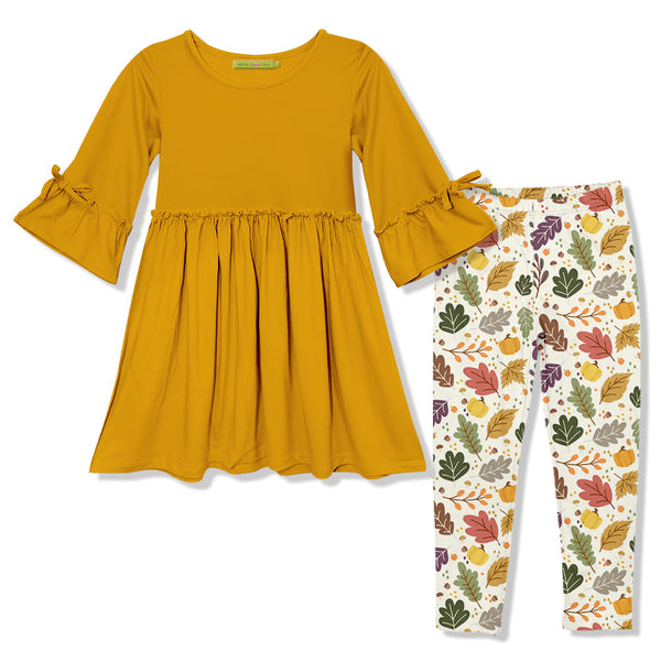 Kids Marigold Bow Bell-Sleeve A-Line Dress & Harvest Leaves Leggings