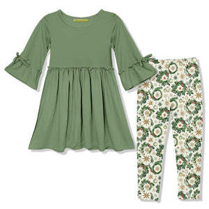 Kids Loden Frost Bow Bell-Sleeve A-Line Dress & Christmas Wreaths Leggings