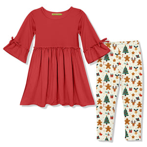 Kids Red Bow Bell-Sleeve A-Line Dress & Gingerbread Christmas Leggings