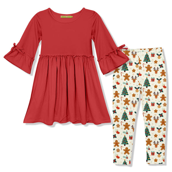 Kids Red Bow Bell-Sleeve A-Line Dress & Gingerbread Christmas Leggings