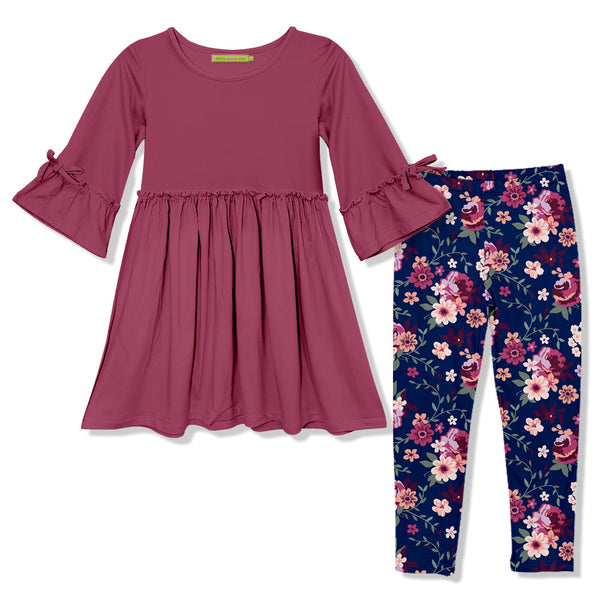 Kids Slate Rose Bow Bell-Sleeve A-Line Dress & Willow Floral Leggings