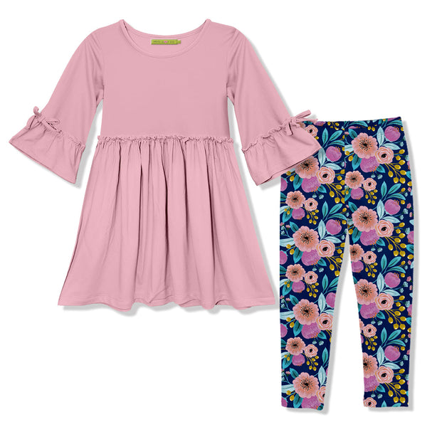 Kids Dusty Pink Bow Bell-Sleeve A-Line Dress & Famous Floral Leggings