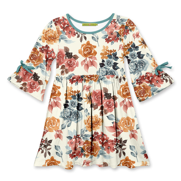 Cream Autumn Florals Bow Bell-Sleeve A-Line Dress