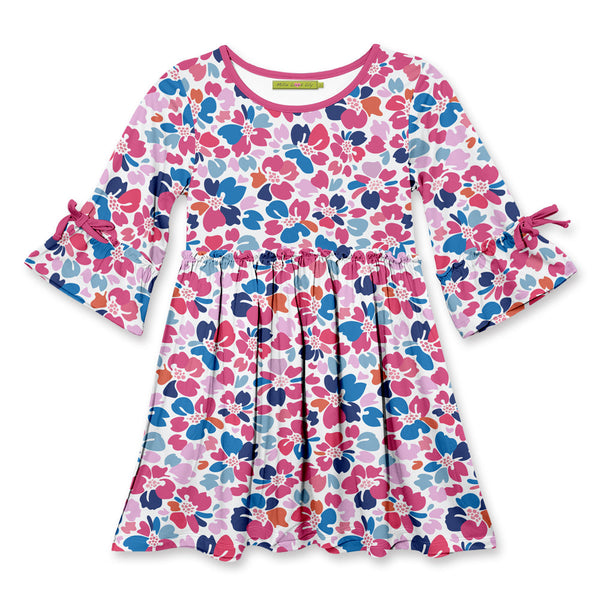 Kids Fuchsia Block Flower Bow Bell-Sleeve A-Line Dress