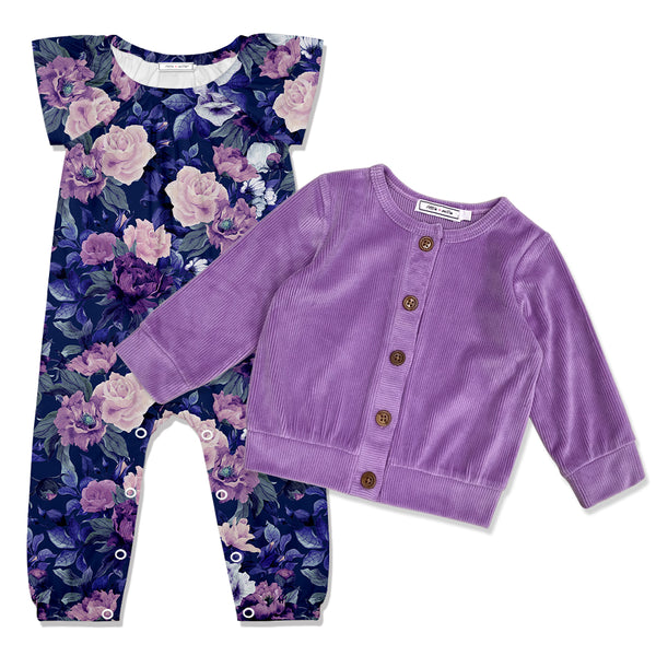 Navy Fame Floral Cap-Sleeve Playsuit & Purple Velour Cardigan