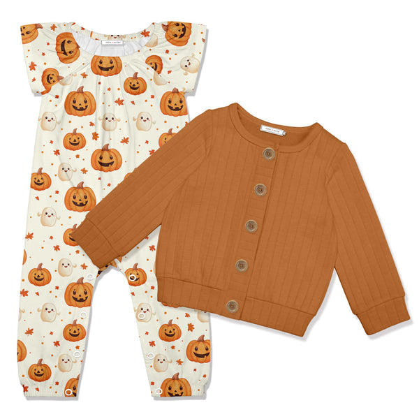 Kids Cream Happy Pumpkin Cap-Sleeve Playsuit & Rust Cardigan