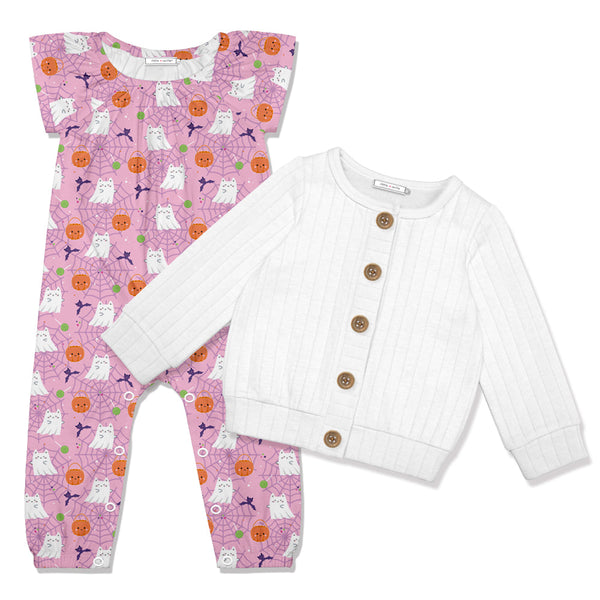 Kids Pink Ghost&Lollipops Cap-Sleeve Playsuit & White Cardigan
