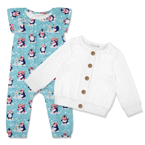 Kids Ice Blue Penguins Cap-Sleeve Playsuit & White Cardigan