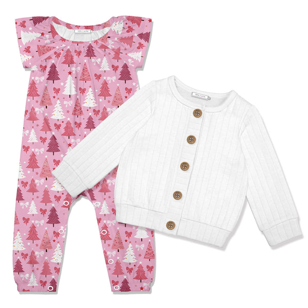 Kids Pink Christmas Trees Cap Sleeve Playsuit & White Cardigan