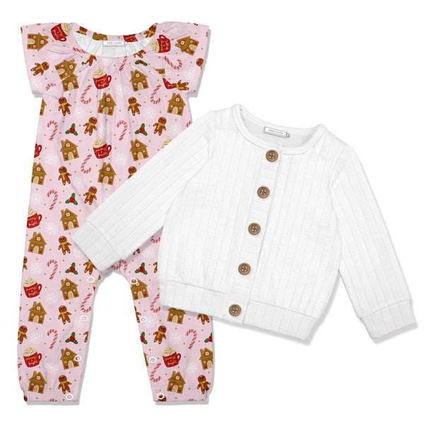 Kids Pink Gingerbread Cap Sleeve Playsuit & White Cardigan