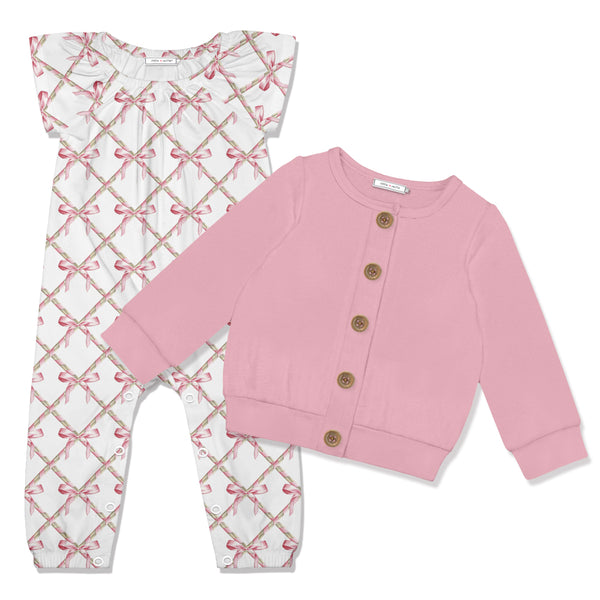 Diamond Bows Cap-Sleeve Playsuit & Pink Cardigan