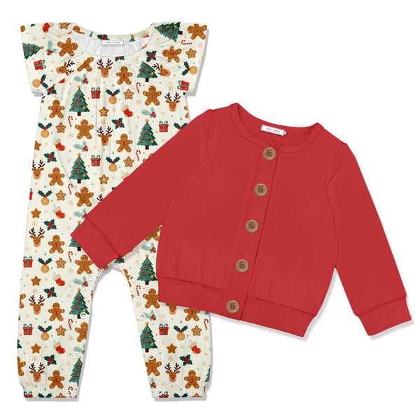 Kids Gingerbread Christmas Cap-Sleeve Playsuit & Red Cardigan