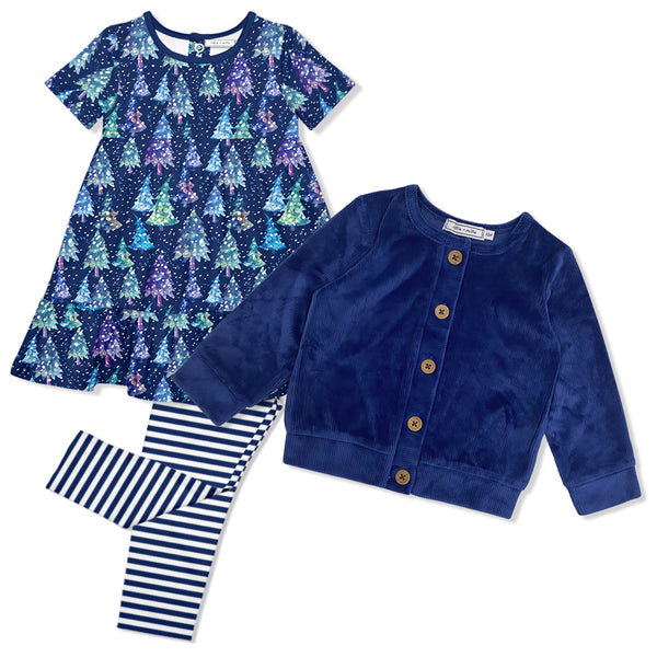 Navy Tree Snowflake A-Line Dress Set