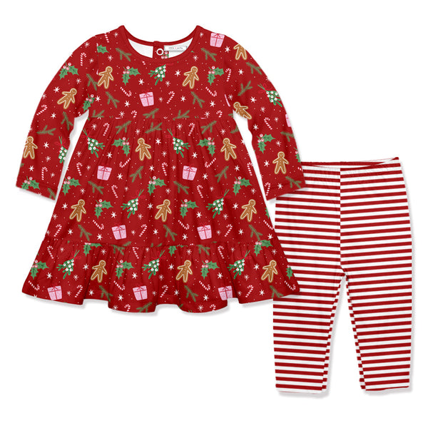 Kids Red Gingerbread & Holly Babydoll Dress & Leggings