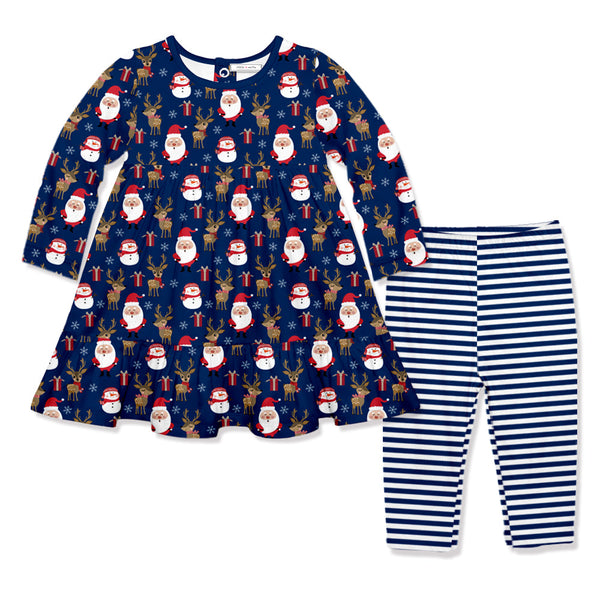 Kids Navy Santa & Deer Babydoll Dress & Leggings