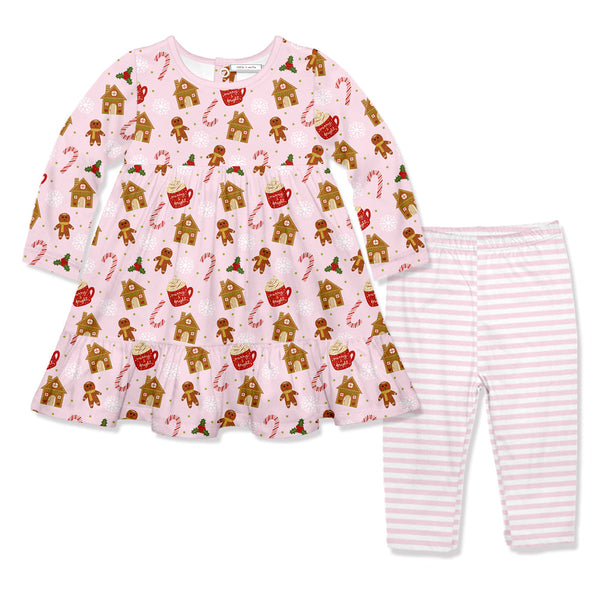 Kids Pink Gingerbread Babydoll Dress & Leggings