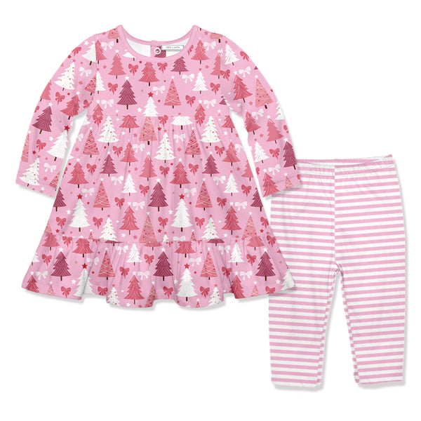 Kids Pink Christmas Trees Babydoll Dress & Leggings