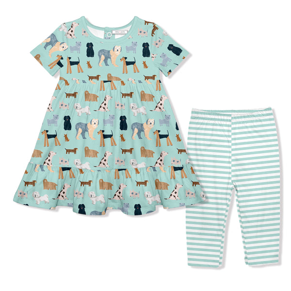 Mint Doggy Dog Babydoll Dress & Stripe Leggings