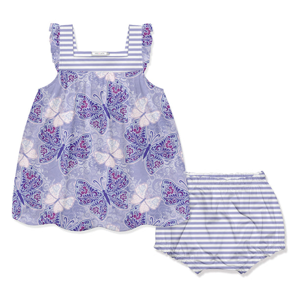 Orchid Petal Butterfly Jewel Yoke Babydoll Dress & Stripe Diaper Cover