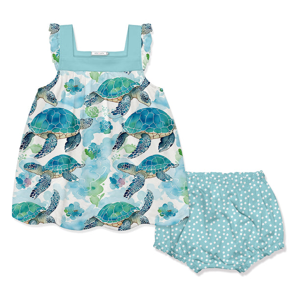 Mint Turtle Wonder Yoke Babydoll Dress & Dot Diaper Cover