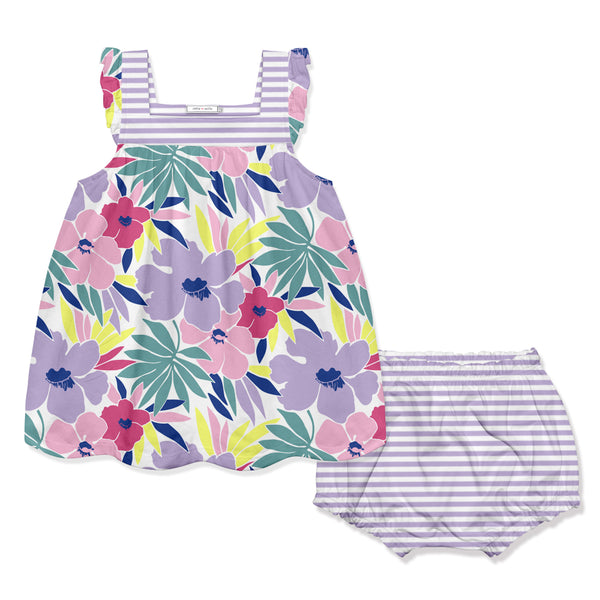 Orchid Petal Tropical Floral Yoke Babydoll Dress & Stripe Diaper Cover