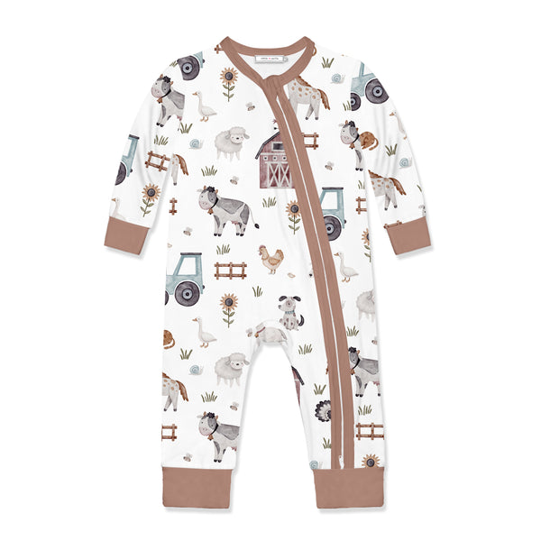 White & Brown Baby Farm Animal Zip-Up Playsuit