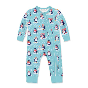 Kids Ice Blue Penguins Zip-Up Playsuit