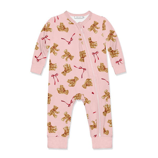 Kids Pink Teddy Bear & Bows Zip-Up Playsuit