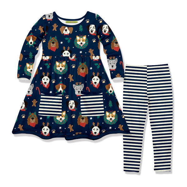 Dark Navy Doggie Christmas Front-Pocket A-Line Dress & Stripe Leggings