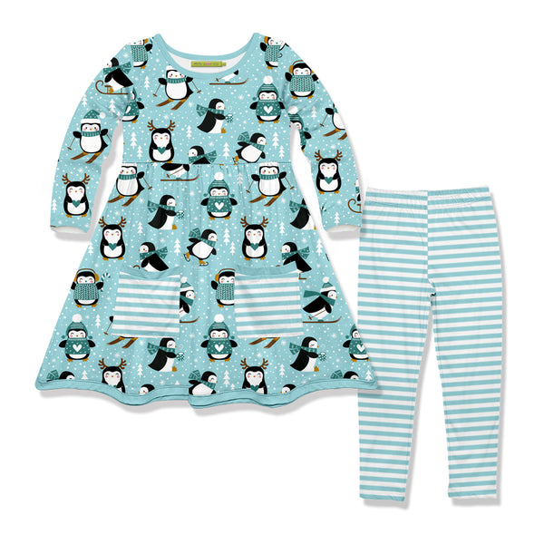 Aqua Penguin Skate Front-Pocket A-Line Dress & Stripe Leggings