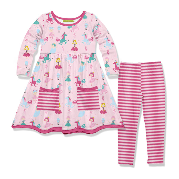 Pale Pink Ballerinas & Unicorns Front-Pocket A-Line Dress & Stripe Leggings