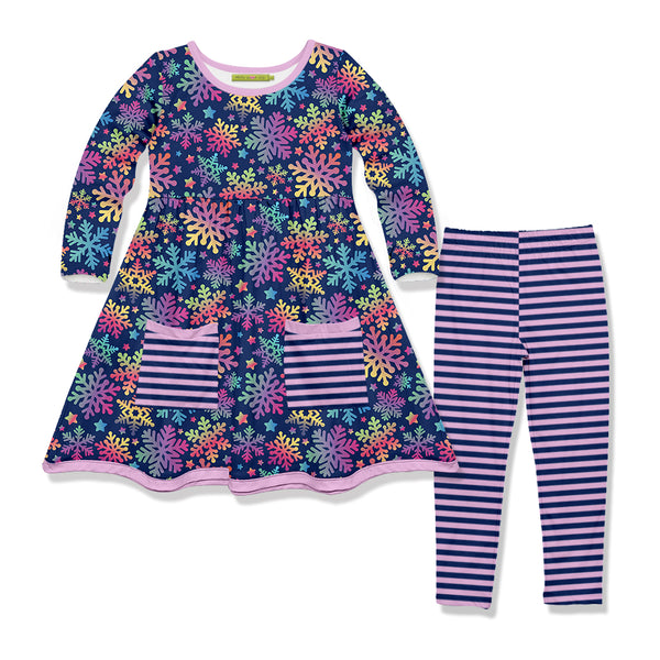 Purple Rainbow Snowflakes Front-Pocket A-Line Dress & Stripe Leggings