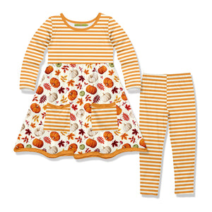 Cream Pumpkin Spice Front-Pocket A-Line Dress & Stripe Leggings