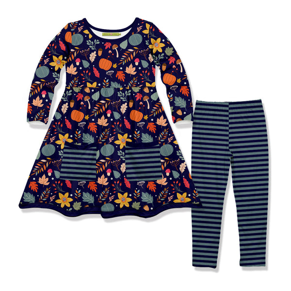 Kids Dark Navy Forest & Flowers Front-Pocket A-Line Dress & Stripe Leggings