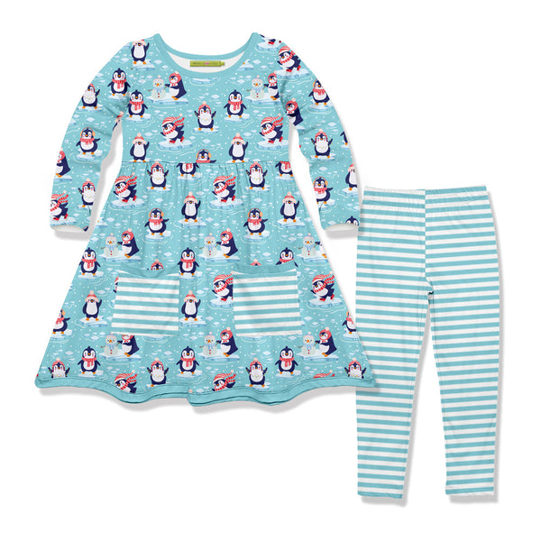 Kids Ice Blue Penguins Front-Pocket A-Line Dress & Stripe Leggings