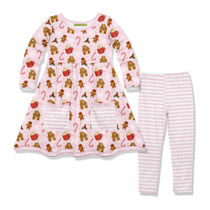 Kids Pink Gingerbread Front Pocket A-Line Dress & Stripe Leggings