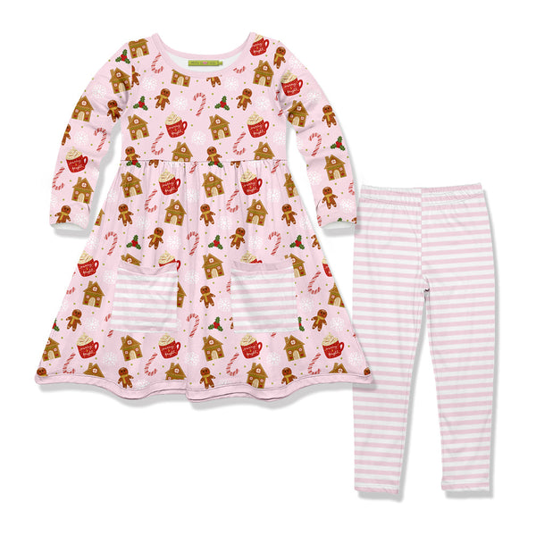 Kids Pink Gingerbread Front Pocket A-Line Dress & Stripe Leggings