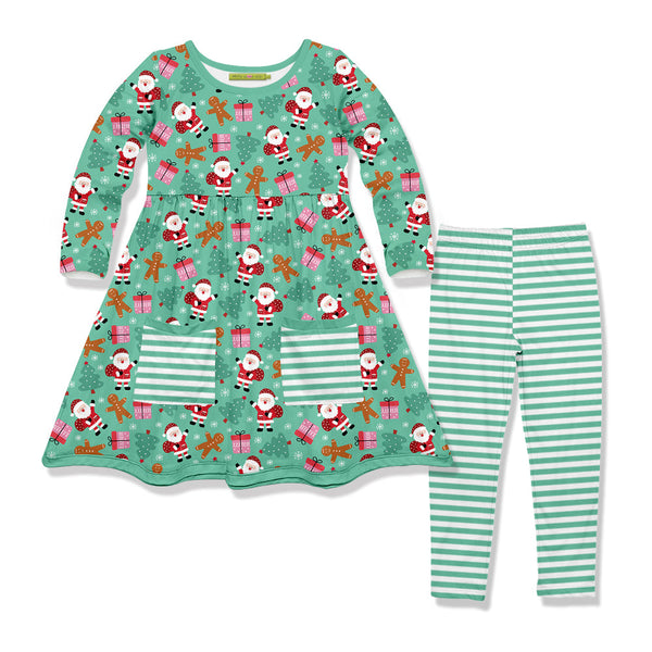 Kids Jade Christmas Cheer Front-Pocket A-Line Dress & Stripe Leggings