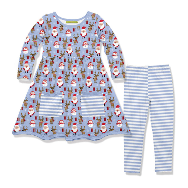 Kids Periwinkle Santa & Deer Front-Pocket A-Line Dress & Stripe Leggings